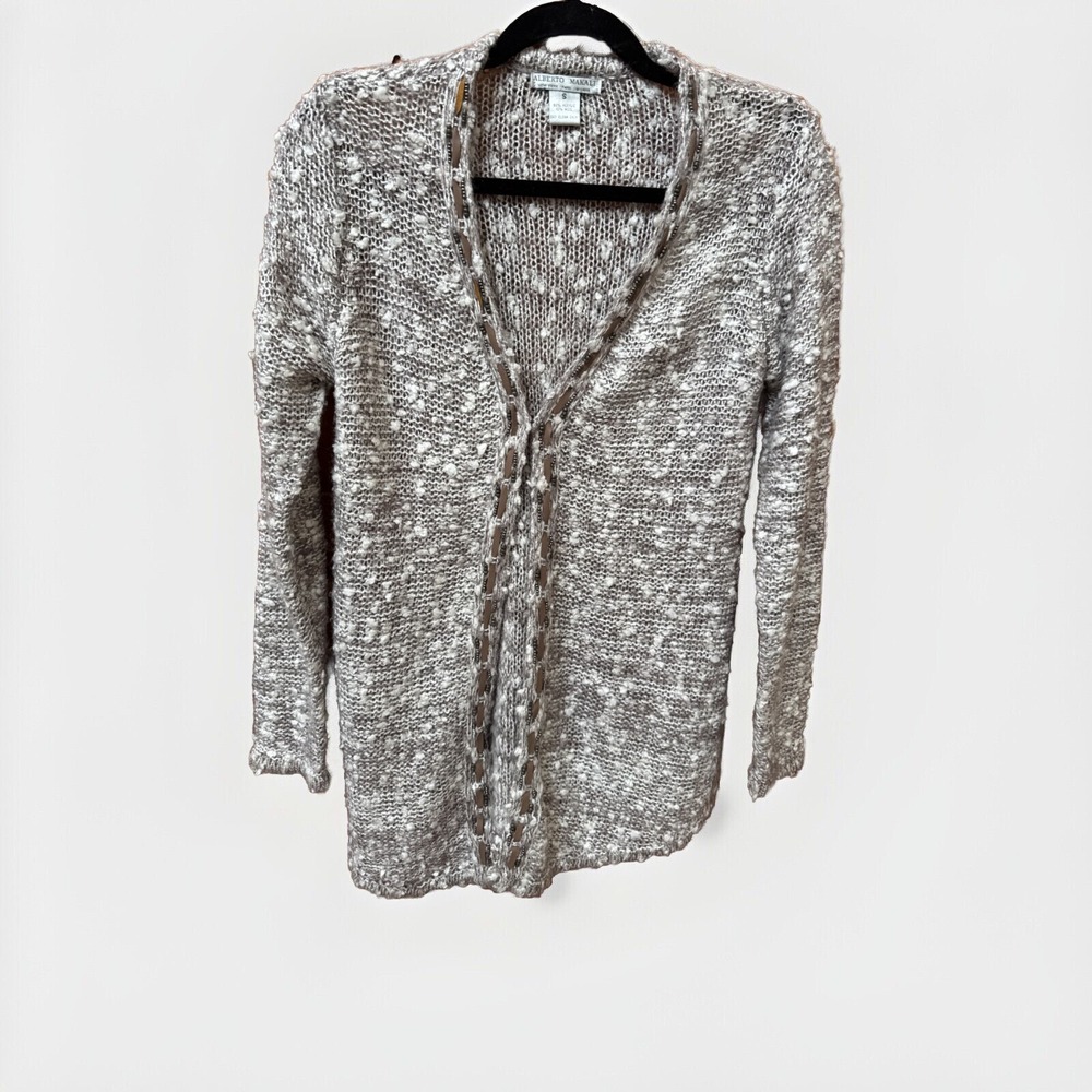 Alberto Makali Gray White Chunky Knit Beaded Open Front Cardigan Sweater Small